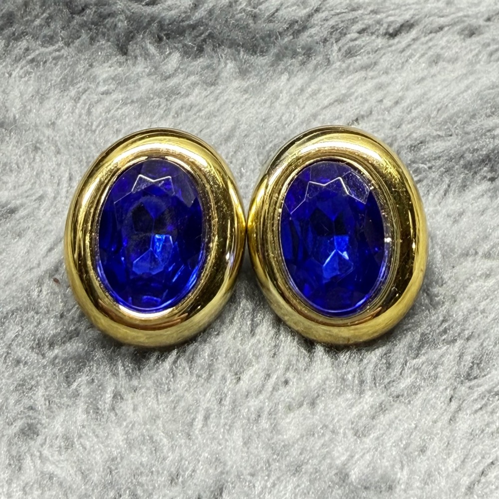 Gold Tone Oval‎ Blue Crystal Stud Earrings